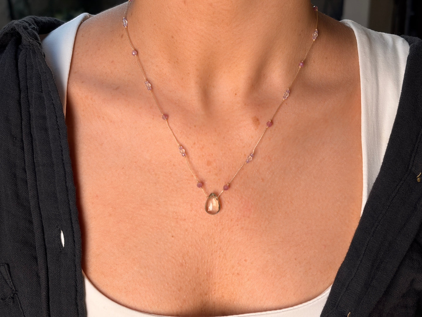 Gulab Valley Drop Necklace - Romantic Pink Beaded Necklace with Clear/Green Hue Pendant