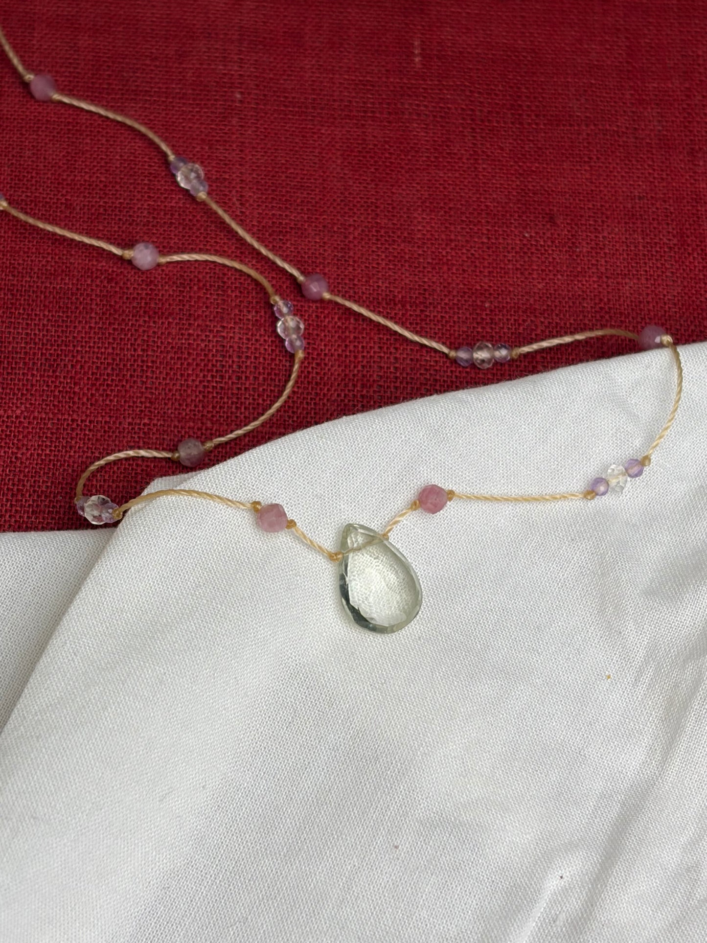 Gulab Valley Drop Necklace - Romantic Pink Beaded Necklace with Clear/Green Hue Pendant