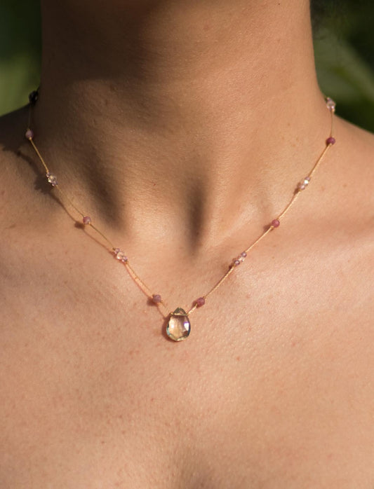 Gulab Valley Drop Necklace - Romantic Pink Beaded Necklace with Clear/Green Hue Pendant