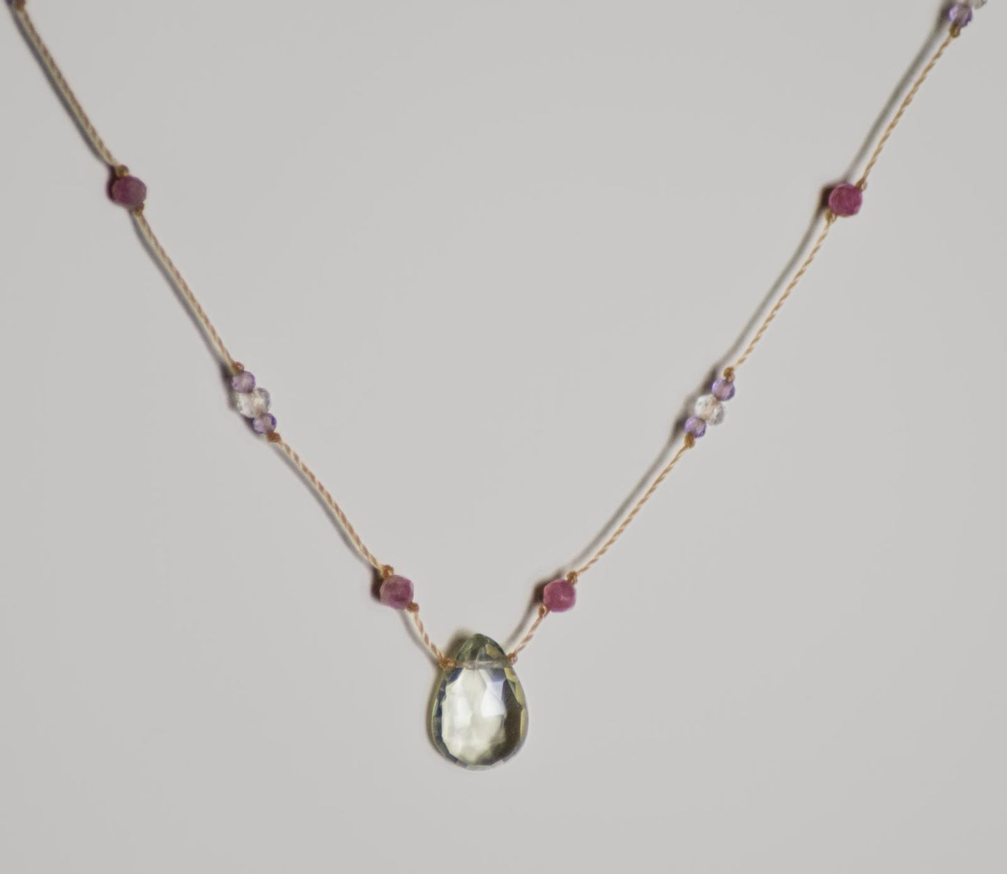 Gulab Valley Drop Necklace - Romantic Pink Beaded Necklace with Clear/Green Hue Pendant